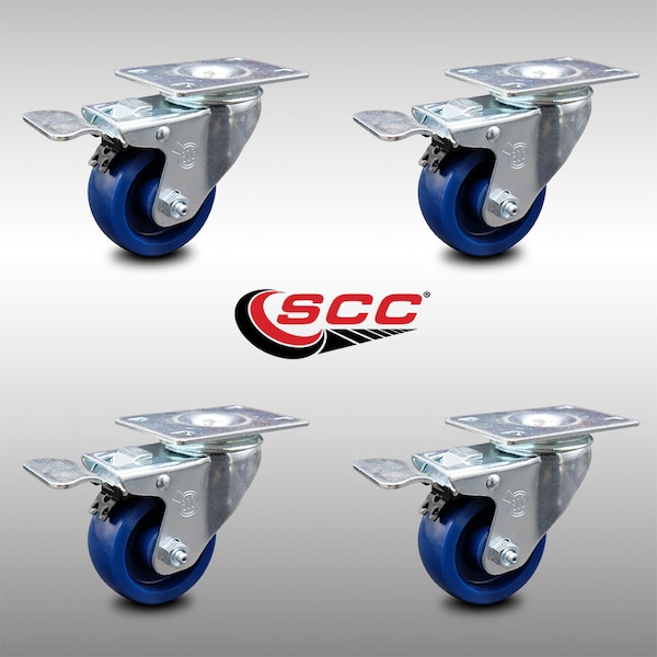 3 Inch SS Solid Polyurethane Top Plate Caster Set Total Lock Brake SCC